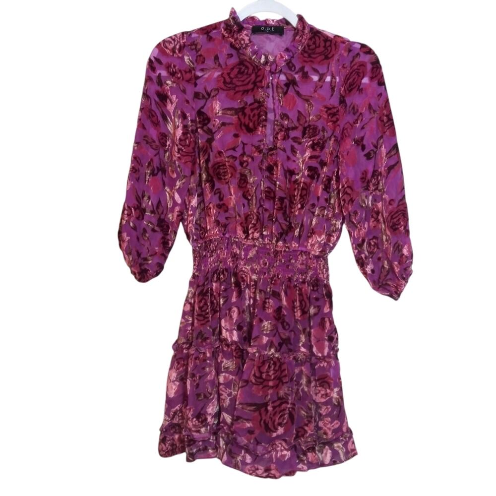 Anthropologie OPT Fuchsia Pink Velvet Floral Cutout Puff Sleeve Mini Dress Sz S